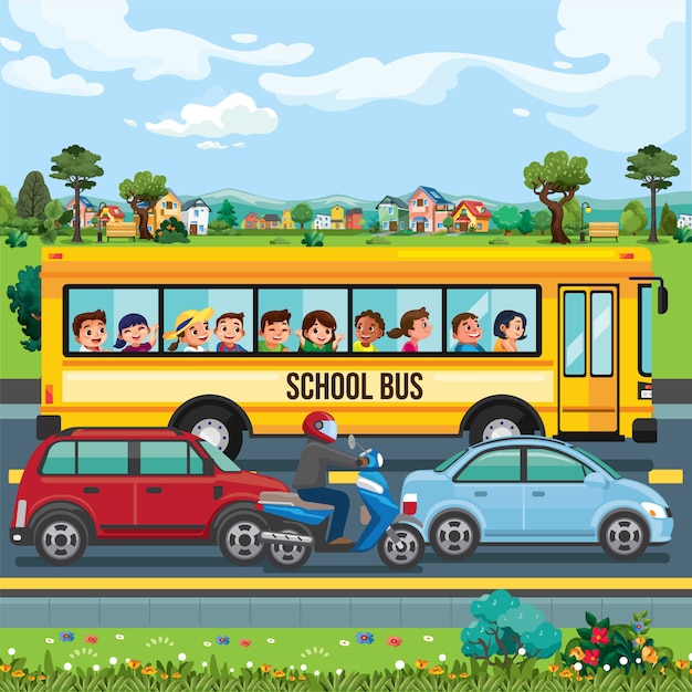 Autobus Scolaire Sur La Route Illustration Vecteur Premium 