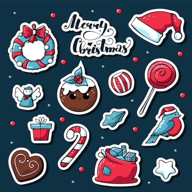 Autocollants De Noel Doodle Mignon Vecteur Avec Lettrage Joyeux Noel Vecteur Premium