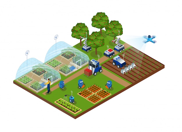 Automatisation de l'agriculture, smart farm, robots, drones Vecteur Premium