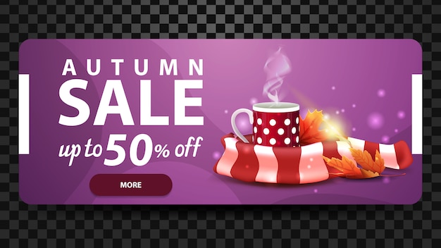 Automne, jusqu’à 50% de réduction, bannière web à prix réduit pour votre site web avec tasse de thé chaud et écharpe chaude Vecteur Premium