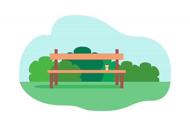 Banc avec tasse de café debout dans un parc Vecteur Premium