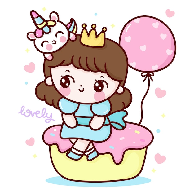 Bande Dessinee Mignonne De Princesse Et Licorne S Asseoir Sur Le Gateau D Anniversaire Avec Le Style Kawaii De Ballon De Fete Vecteur Premium