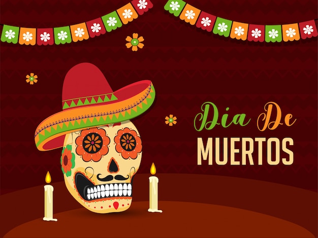 Bannière dia de muertos ou une affiche avec une illustration du crâne orné ou de la calavera portant un chapeau sombrero et des bougies lumineuses sur un abstrait marron. Vecteur Premium