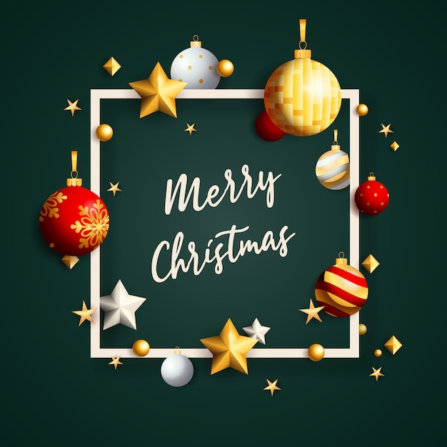 Bannière de joyeux noël dans le cadre avec des balles sur un sol vert Vecteur gratuit