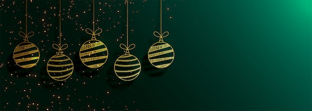 Bannière de noël joyeux vert avec des boules d'or créatifs Vecteur gratuit