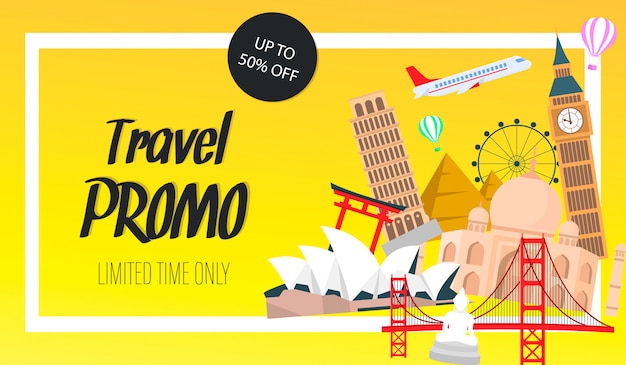 Bannière de site web promo voyage, modèle de vecteur de flyer Vecteur Premium