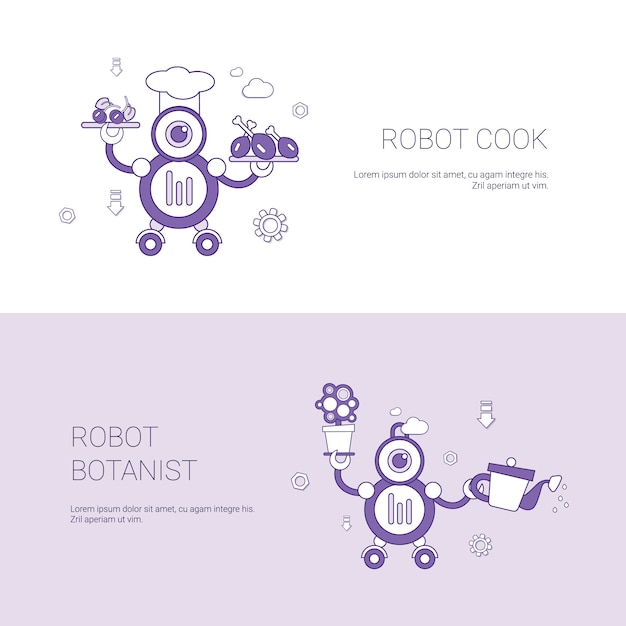 Bannière web de modèle de concept robot et cuisinier botaniste avec espace de copie Vecteur Premium