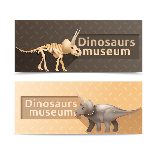 Bannières et assiettes du musée des dinosaures tricératops horizontales Vecteur gratuit