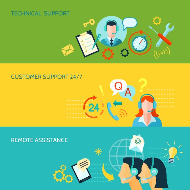 Bannières horizontales d'assistance technique et d'assistance technique Vecteur gratuit