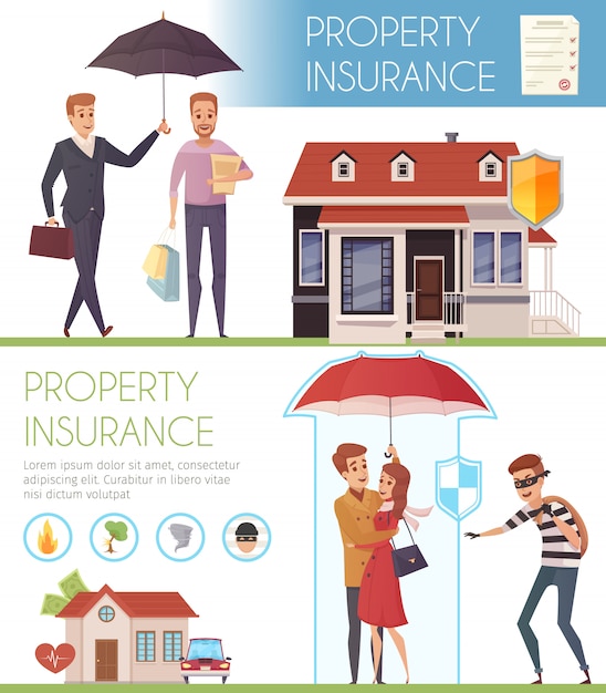 Bannières horizontales de l'assurance de biens avec des personnes sous un parapluie comme symbole de protection de la vie pro Vecteur gratuit
