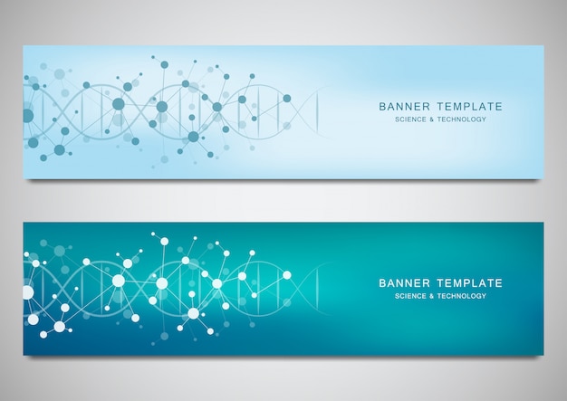 Bannières et en-têtes de vecteur pour site avec brin d'adn et structure moléculaire Vecteur Premium