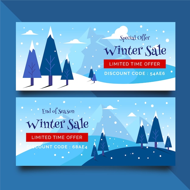Bannières de vente d'hiver plat avec neige et arbres Vecteur gratuit