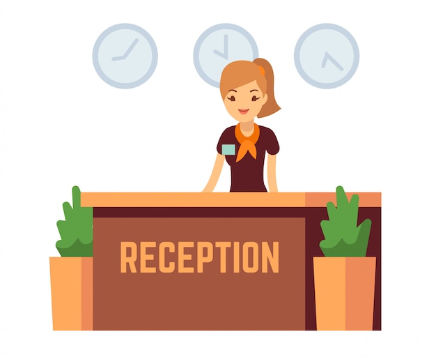 Banque Ou Reception De L Hotel Avec Receptionniste Souriant Illustration Vectorielle Femme Vecteur Premium