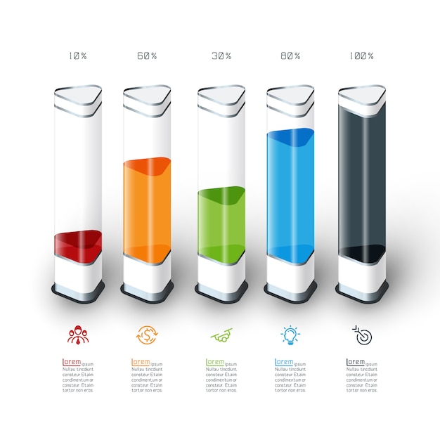 Barres graphique infographie avec pièce 3d coloré. Vecteur Premium