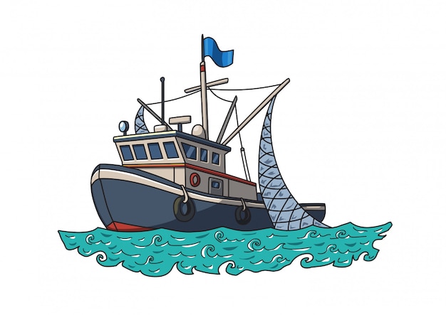 Bateau De Pêche En Mer Illustration Vectorielle Isolée Sur Blanc