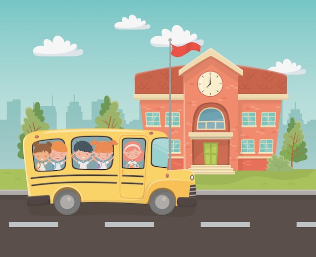 Bâtiment scolaire et bus avec des enfants dans la scène Vecteur gratuit