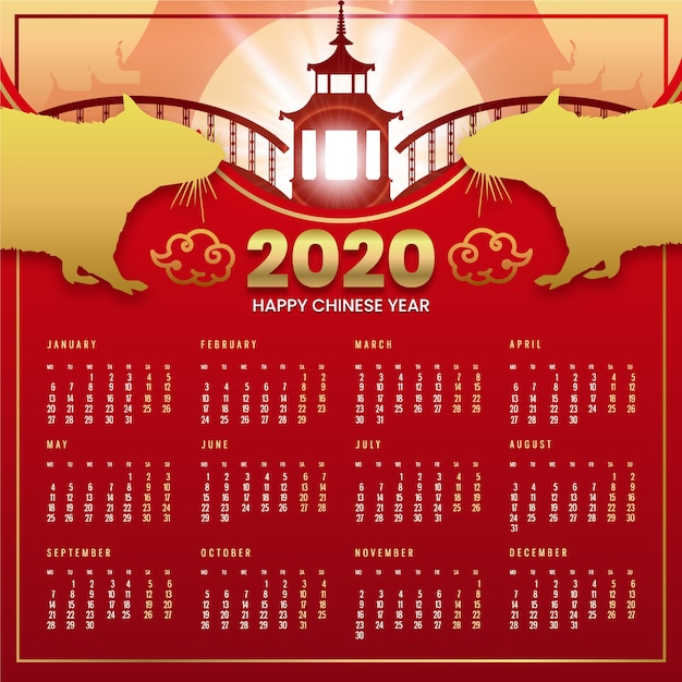 Beau Calendrier Du Nouvel An Chinois Rouge Et Or Vecteur Gratuite