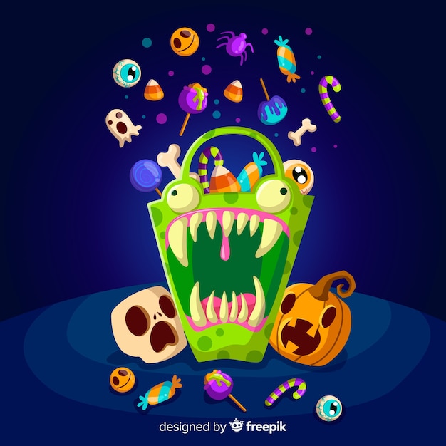 Beau sac de bonbons d'halloween avec un design plat Vecteur gratuit