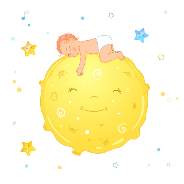 Bebe Dort Sur La Lune Bebe De Dessin Anime Realiste En Couche Vecteur Premium