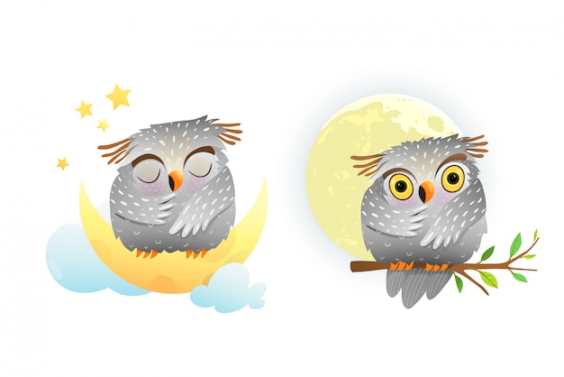 Bebe Hibou Animal Endormi Et Regardant La Lune Assis Sur La Branche Avec Des Etoiles Dans Le Ciel Clipart Mignon Pour Les Petits Enfants Vecteur Premium