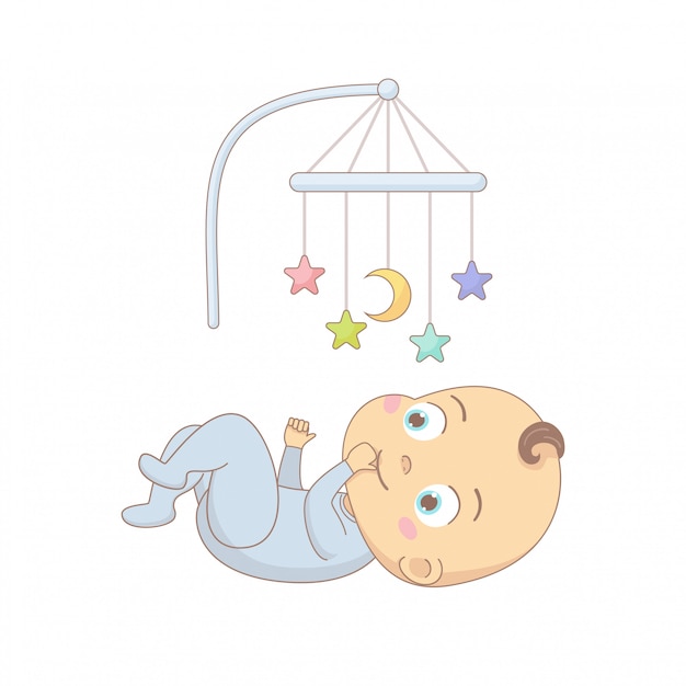 Bebe Mignon Couche Sous Un Jouet Mobile Personnage De Dessin Anime Colore Illustration Vecteur Premium