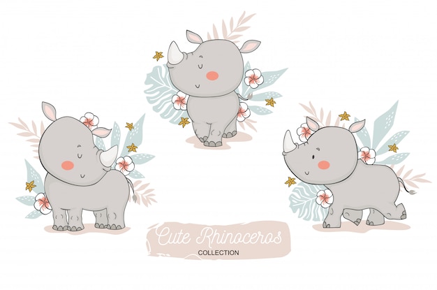 Bebe Rhinoceros Mignon Personnage De Dessin Anime Animal Jungle Vecteur Premium