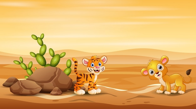 Bebe Tigre Et Lion Jouant Au Paysage Desertique Vecteur Premium