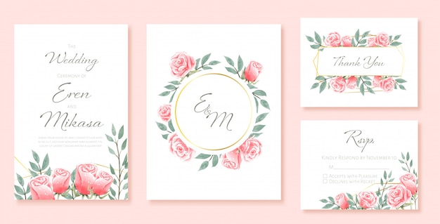 Bel Ensemble Aquarelle De Modèles De Cartes De Mariage. Décoré De Roses. Vecteur Premium