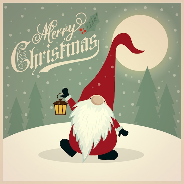 Belle Carte De Noël Rétro Avec Gnome | Vecteur Premium