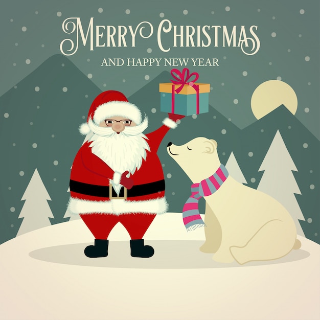 Belle Carte De Noël Rétro Avec Ours Et Père Noël | Vecteur Premium