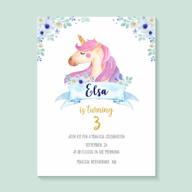 Belle Invitation De Licorne Aquarelle Avec Des Fleurs Conception D Invitation D Anniversaire De Licorne Mignon Et Girlie Vecteur Premium