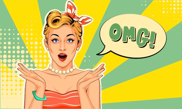 Belle pin-up avec des expressions excitées dans un style pop art Vecteur Premium