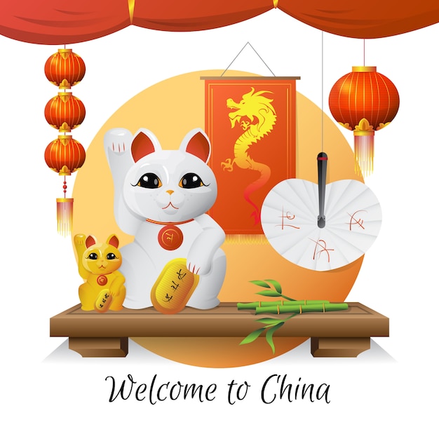 Bienvenue Dans Les Souvenirs Et Symboles Traditionnels De La Chine Avec Des Lanternes De Chat Porte Bonheur Et Du Bambou Vecteur Gratuite