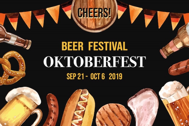 Bière, bretzel, saucisse, élément de conception de cadre barbecue avec illustration aquarelle. Vecteur gratuit