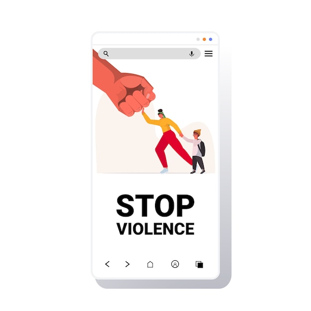 Big Fist Menace La Femme Et Son Bebe Mere Protege L Enfant Du Danger Arreter La Violence Domestique Et L Agression De L Ecran Du Smartphone Vecteur Premium