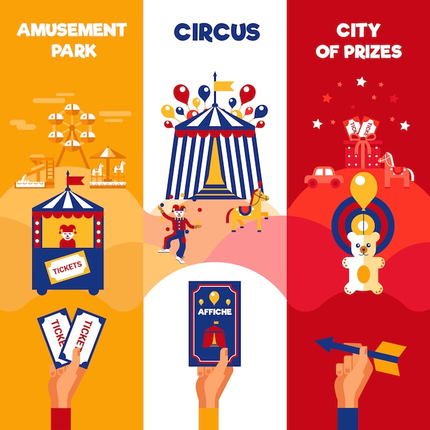 Billets de cirque du parc d'attractions 3 bannières verticales Vecteur gratuit