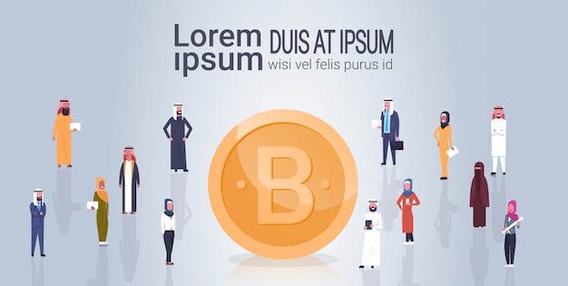 Bitcoin crypto currency group of arab people over modèle de pièce de monnaie crypto-numérique numérique bannière Vecteur Premium
