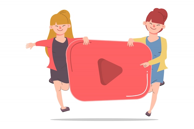 Blog Et Concept De Réseautage Des Médias Sociaux. Personnage Blogger Femmes Avec Symbole Vecteur Premium