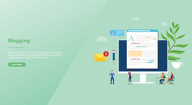 Blogging ou concept créatif de blog avec ordinateur portable et développement du contenu avec des collaborateurs pour la page d'accueil du modèle de site web Vecteur Premium