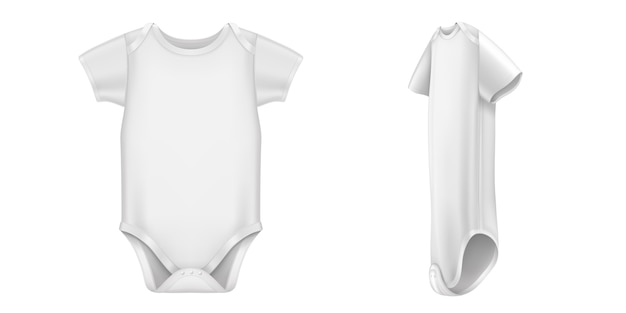 Body Bebe Barboteuse Bebe Blanc Avec Manches Courtes Devant Et Vue Laterale Vecteur Realiste De Vetements En Coton Blanc Pour Enfants Costume De Corps Nouveau Ne Isole Vecteur Gratuite