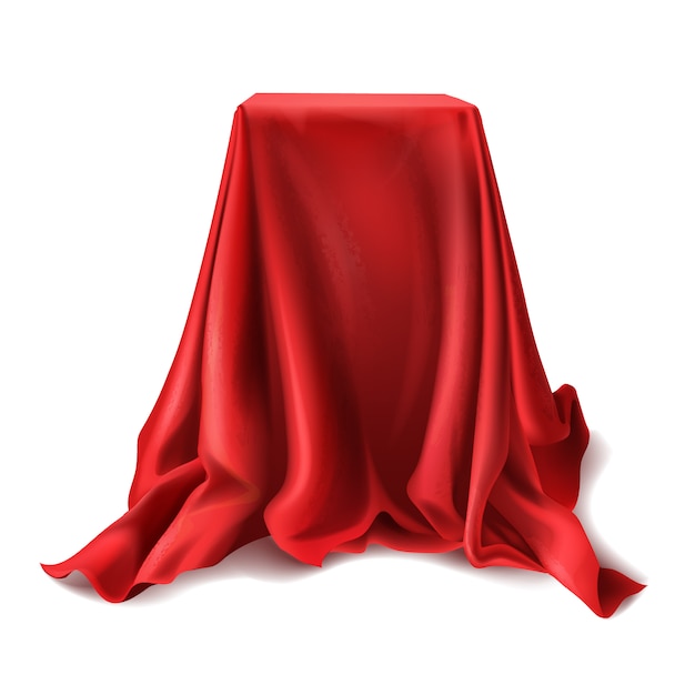 Boîte réaliste recouvert de tissu de soie rouge isolé sur fond blanc. Vecteur gratuit