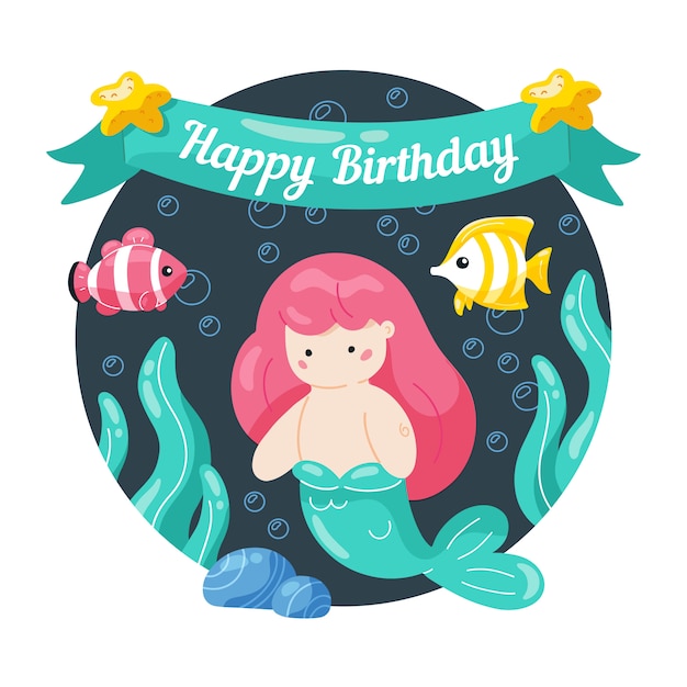 Bon Anniversaire Carte D Anniversaire Pour Enfants Avec Jolie Petite Sirene Et Vie Marine Vecteur Premium