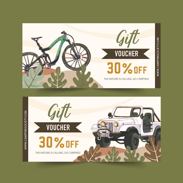 Bon de camping avec illustrations de bicyclettes, de voitures et de forêts. Vecteur gratuit