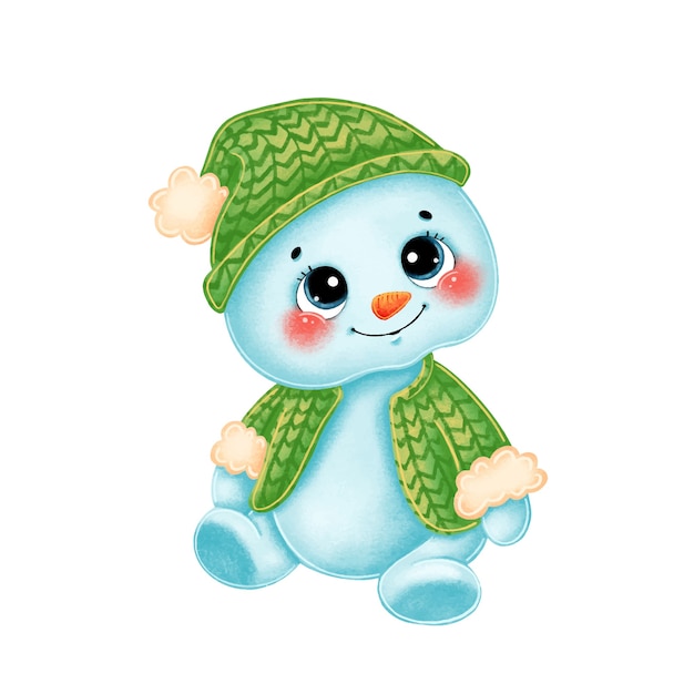 Bonhomme De Neige De Dessin Anime Mignon En Bonnet Tricote Vert Et Pull Vecteur Premium