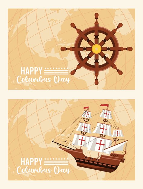 Bonne Fete De Columbus Day Avec Gouvernail De Bateau Et Caravelle Vecteur Premium