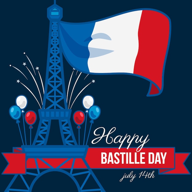 Bonne Journée Bastille Avec Drapeau Et Tour Eiffel | Vecteur Gratuite