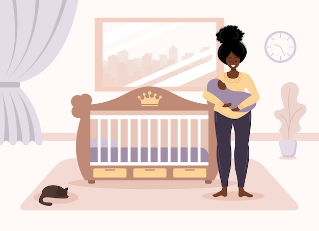 Bonne Maternite Fille Africaine Se Tient A La Creche Et Tient Le Bebe Dans Ses Bras Vecteur Premium