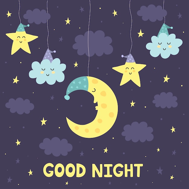 Bonne Nuit Carte Avec La Lune Endormie Et Les Etoiles Vecteur Premium