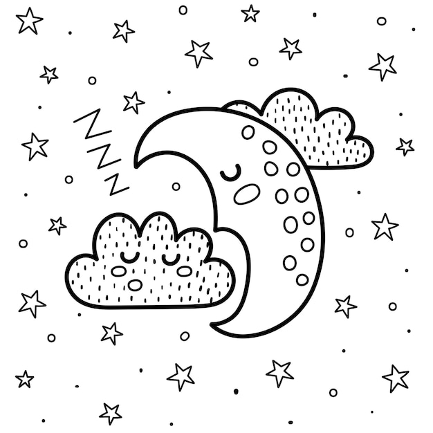 Bonne Nuit A Colorier Avec Une Jolie Lune Endormie Et Un Nuage Fond De Fantaisie Noir Et Blanc Impression De Beaux Reves Pour Livre De Coloriage Pour Les Enfants Illustration Vecteur