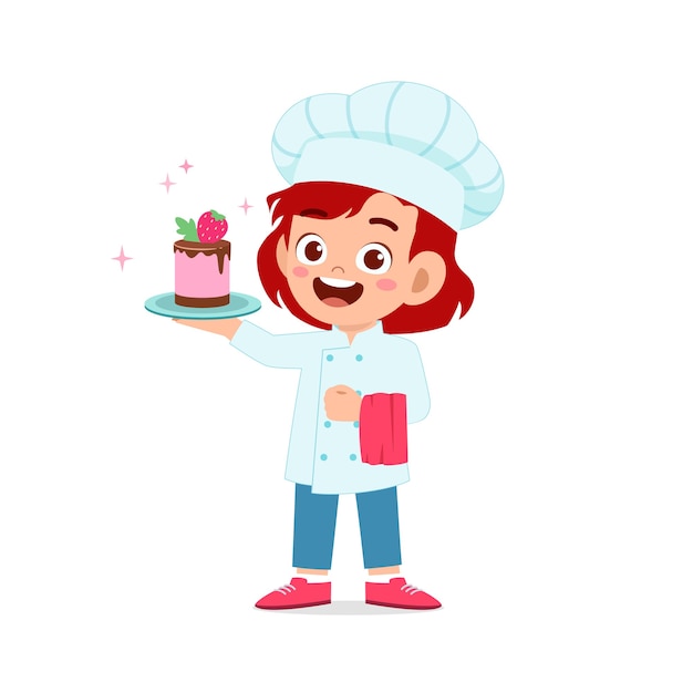 Bonne Petite Fille Mignonne Porter L Uniforme De Chef Et Cuisiner Un Gateau D Anniversaire Vecteur Premium